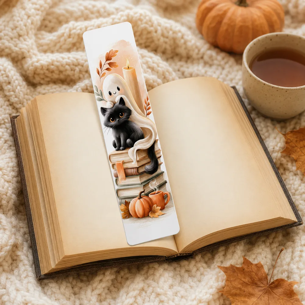 Autumn bookmark with a ghost and black cat displayed in an open book