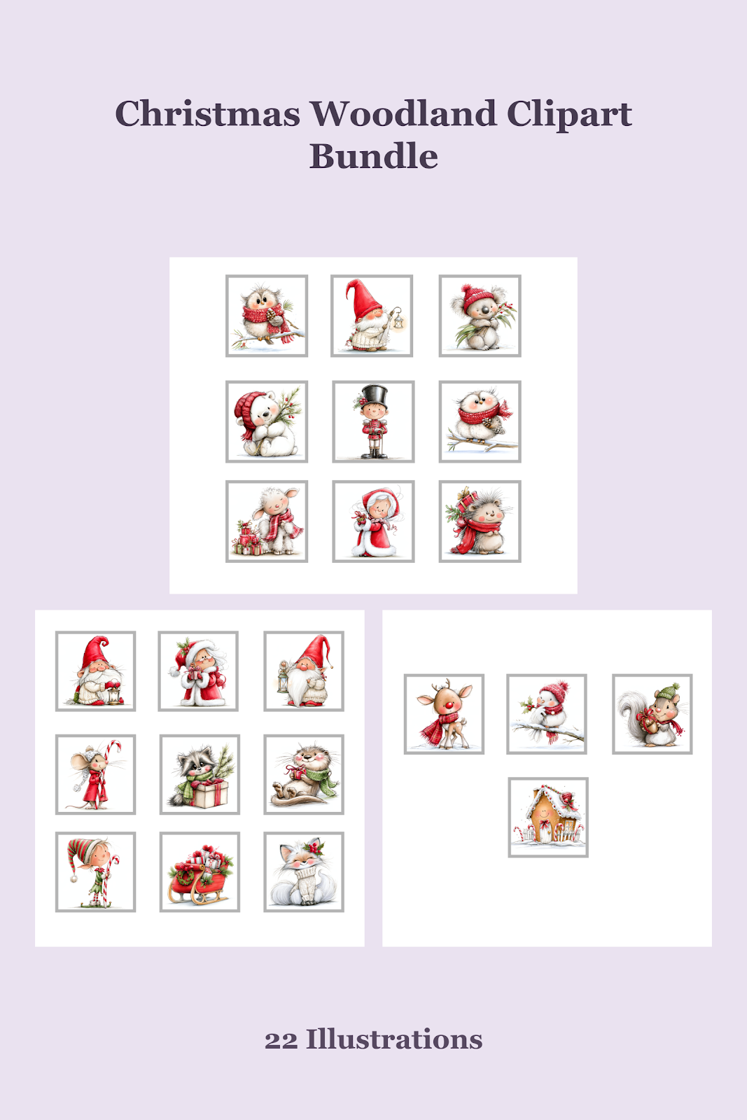 PNG clipart bundle preview with winter animals and festive characters